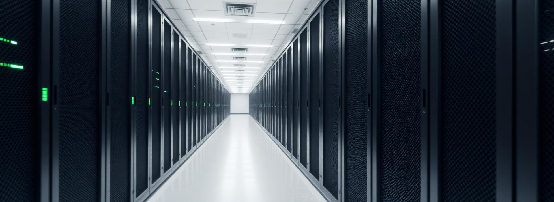 Long data center corridor lined with server racks